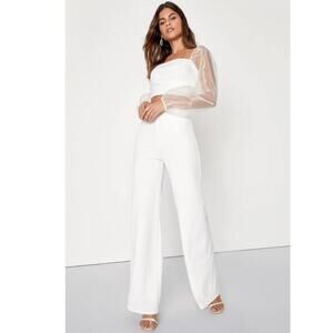 NWT‎ Lulus Sheerly Sultry Ivory Organza Balloon Sleeve Two Piece Jumpsuit Size L